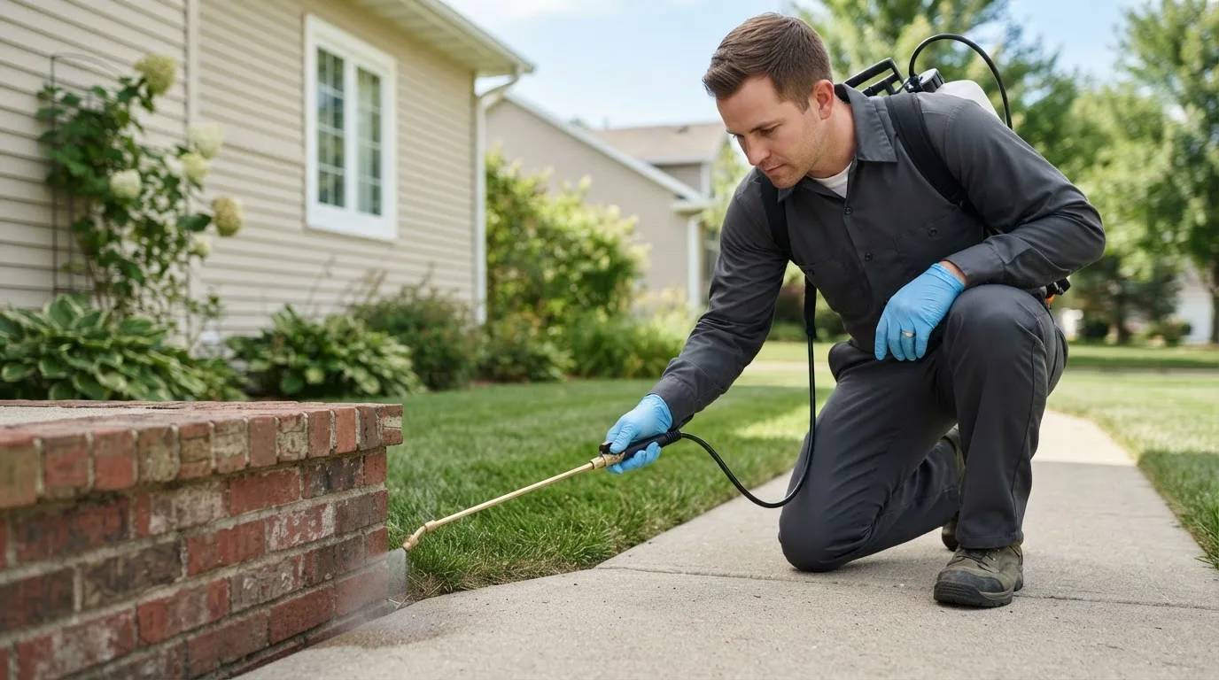 Pest control technician treating a home near Elberta, MI