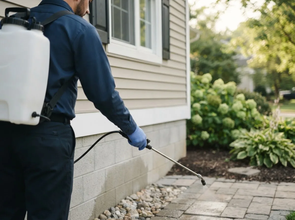 Pest control technician inspecting a home in Elberta, MI